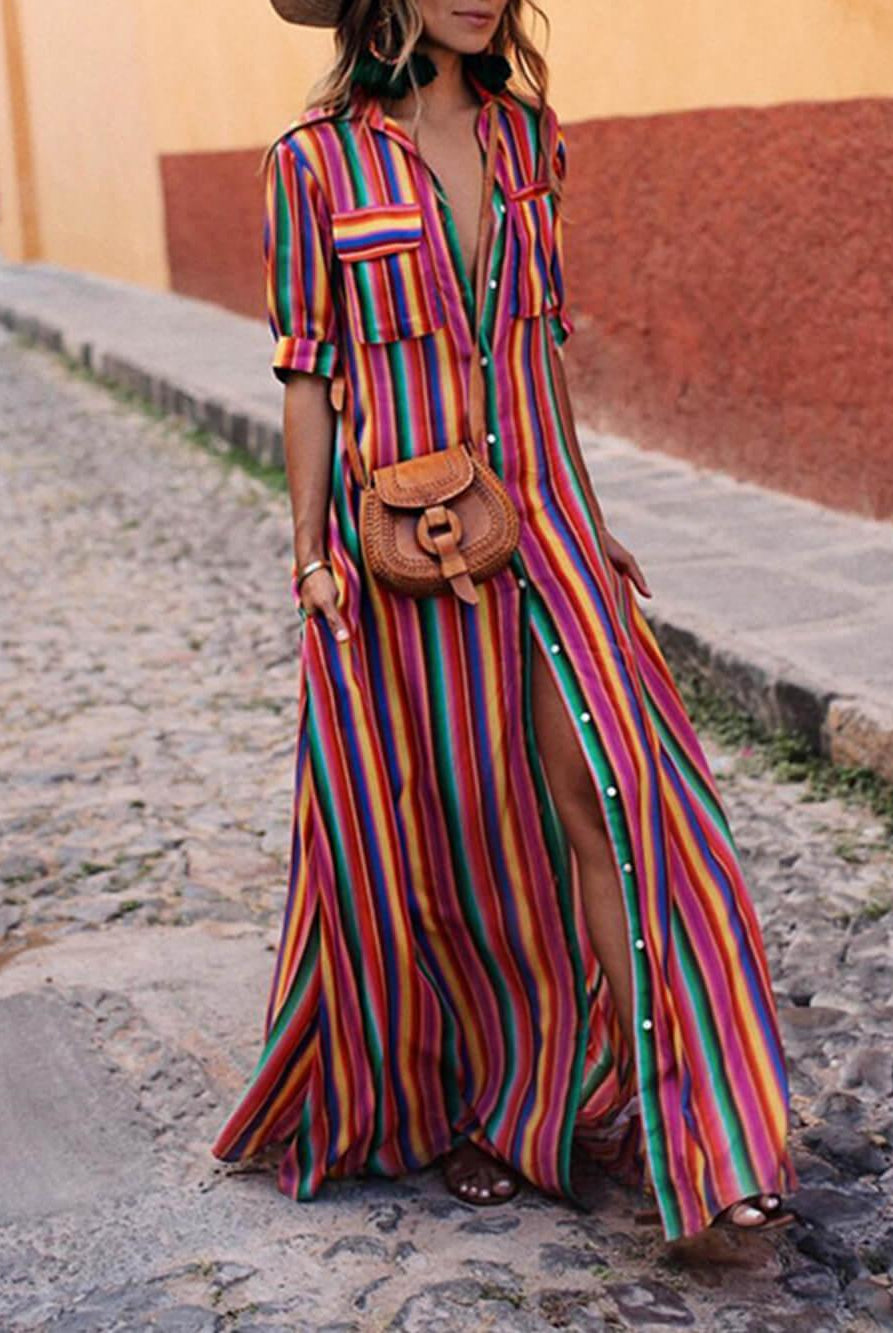 Ileana | Summer Casual Striped Printed Shirt Maxi Skirt