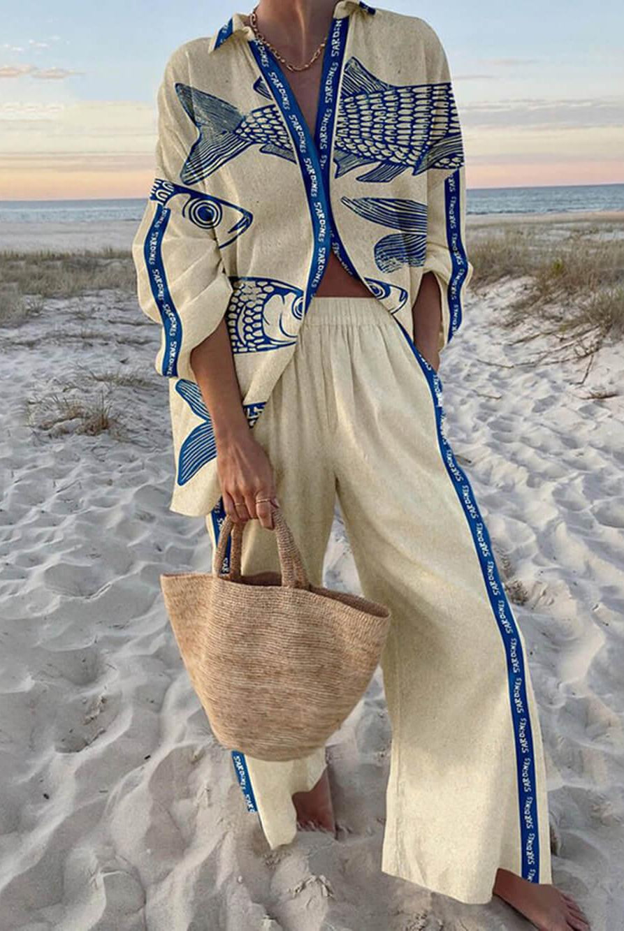 Maddy | Island Style Ocean Print Oversized Shirt and Elastic Waist Pocket Pants Set