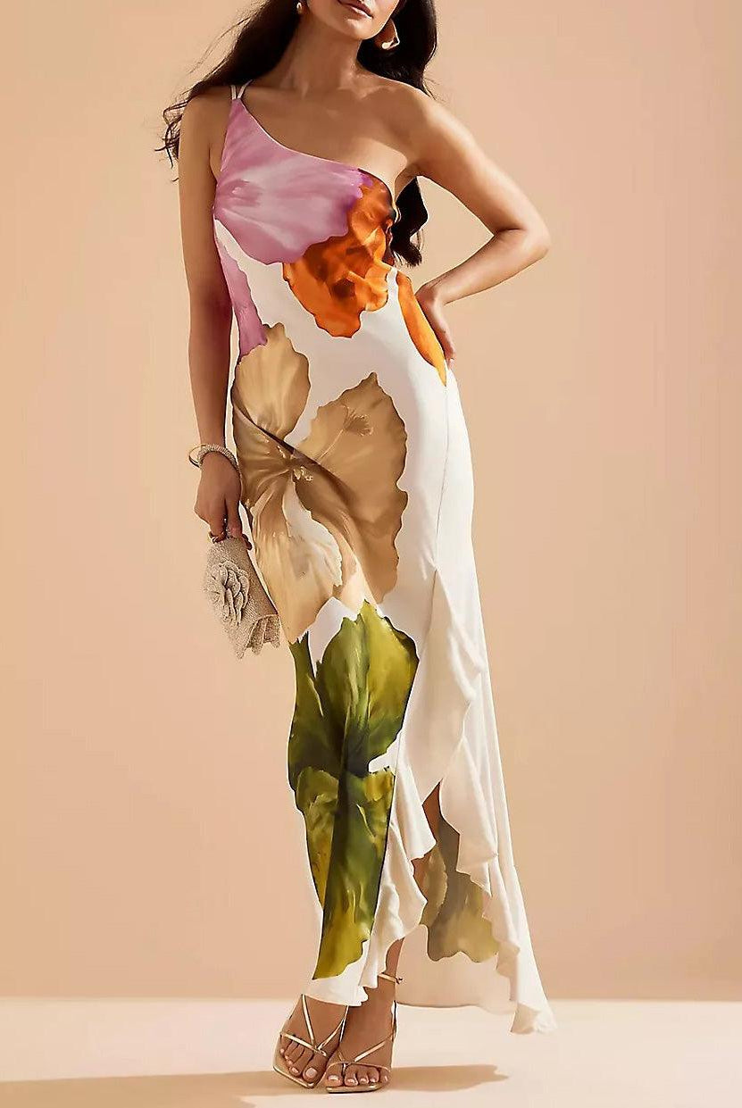 Gladys | Resort Vibes Elegant Floral Print One-Shoulder Maxi Dress