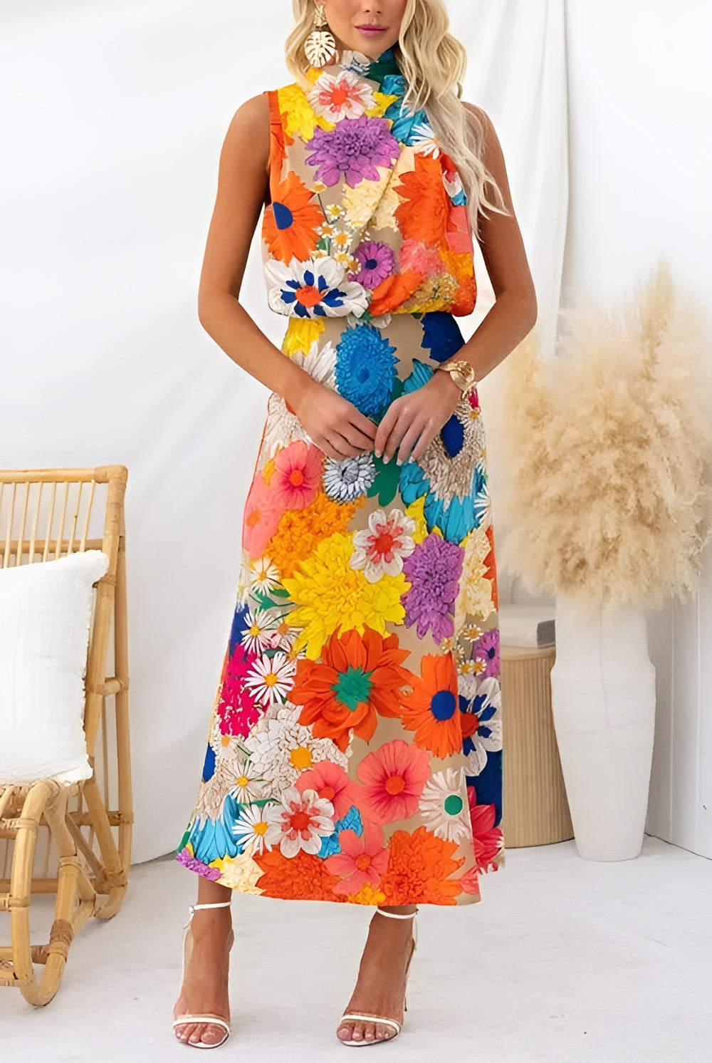 Flor | Summer | Sleeveless Tie Neck Waisted Floral Print Maxi Dress