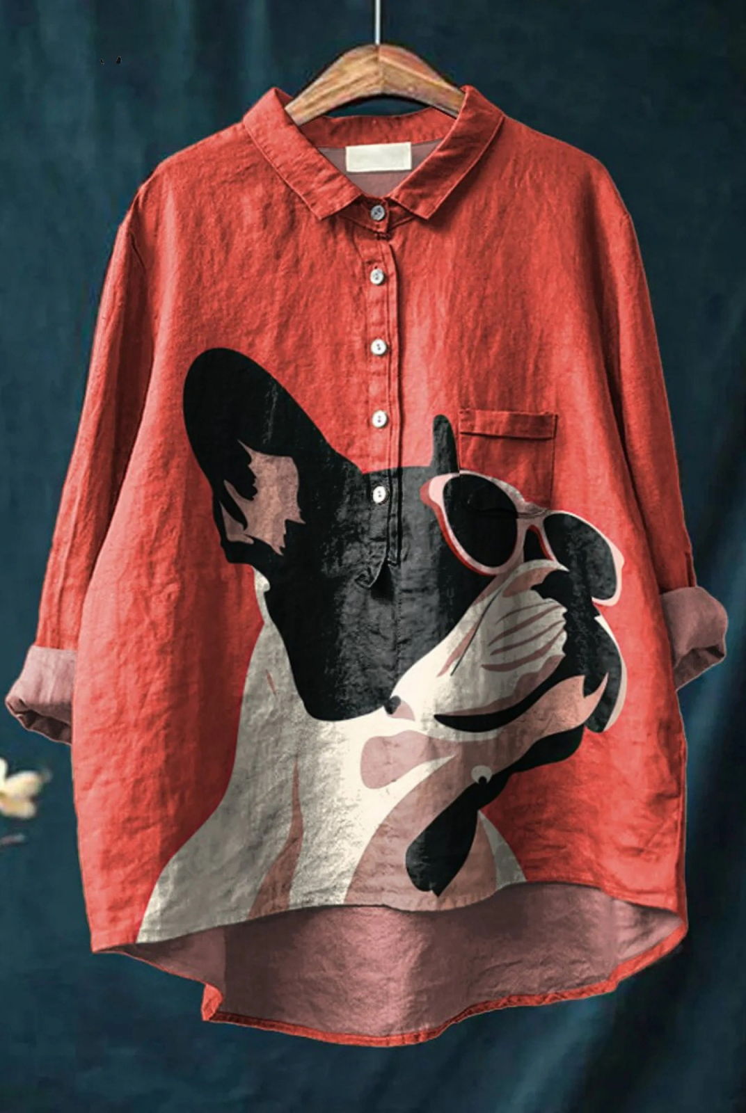 Ginny | Decorative Pattern of French Bulldog Wearing Sunglasses on Red Background Casual Shirt