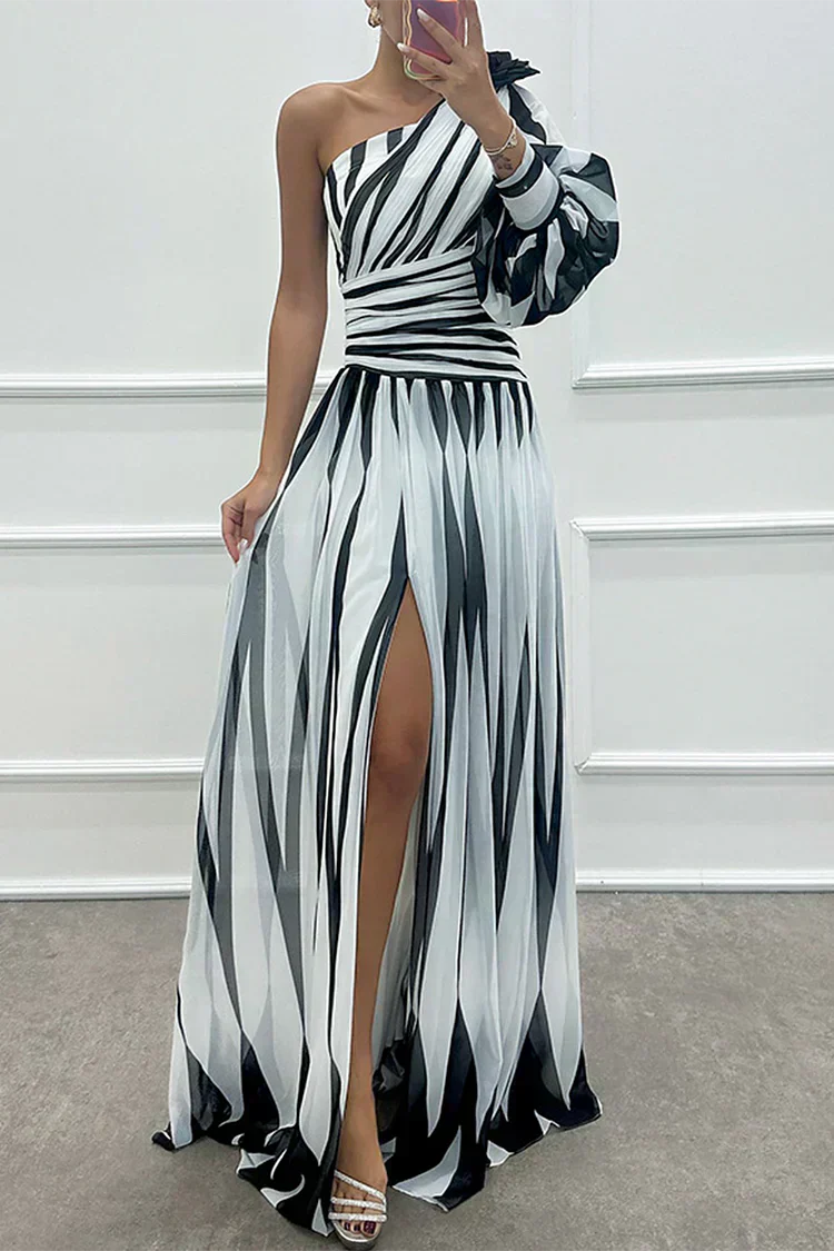 Barbie | Elegant Striped Maxi Dress with One Shoulder