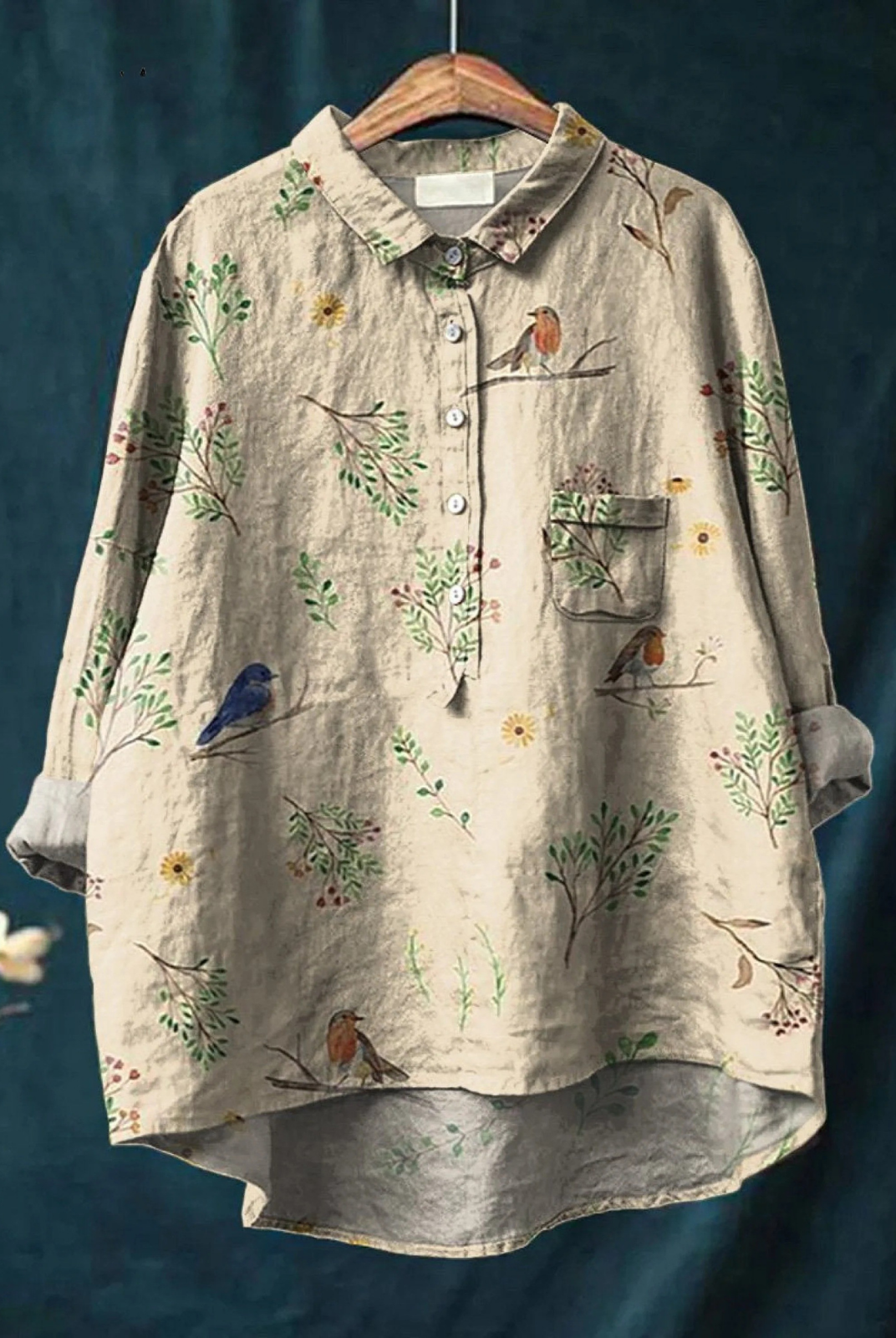 Ebony | Boughs and Robin Birds Pattern Printed Women's Casual Shirt