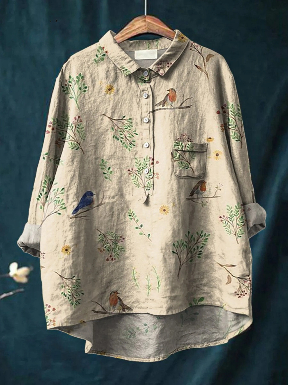 Ebony | Boughs and Robin Birds Pattern Printed Women's Casual Shirt
