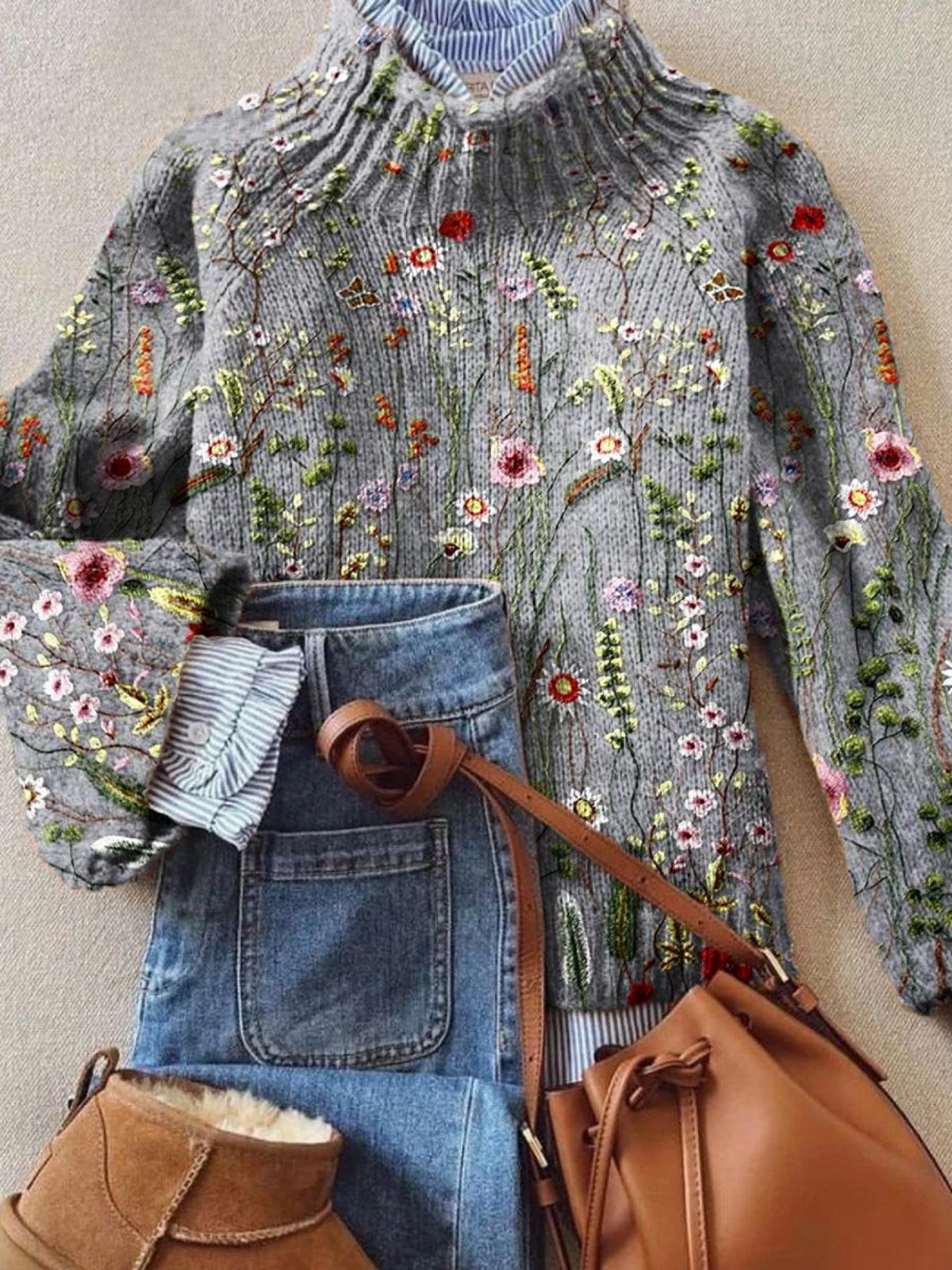 Aracely | Vintage Lovely Floral Art Print Knit Turtleneck Pullover Sweater
