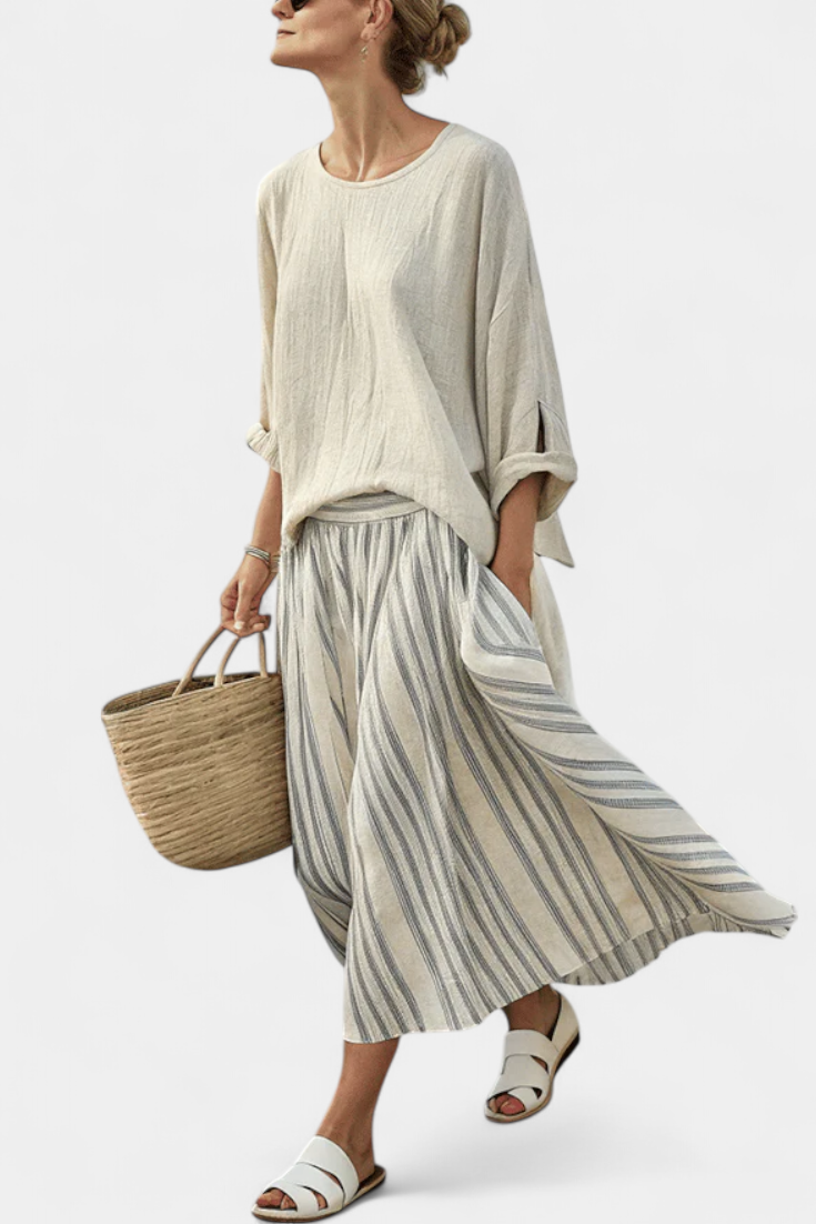 Lori | Comfortable Loose Blouse & Striped Midi Skirt