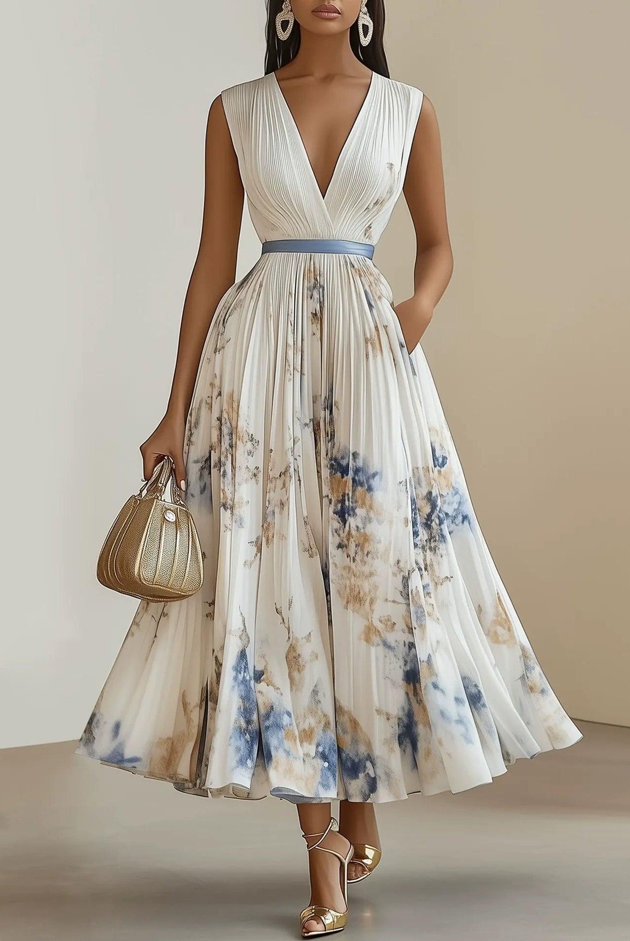 Kaitlin | White Floral Chiffon V-Neck Pleated Midi Dress