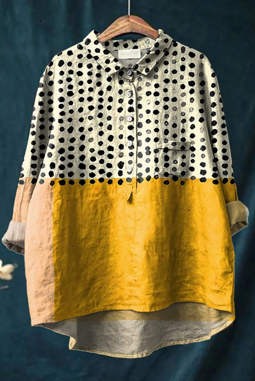 Susana | Women's Yellow Color-Blocked Dots Print Casual Shirt