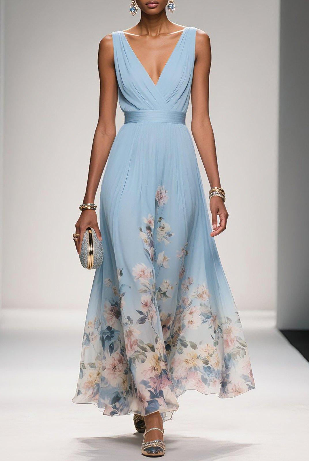 Ceci | Light Blue Floral Chiffon V-Neck Maxi Dress