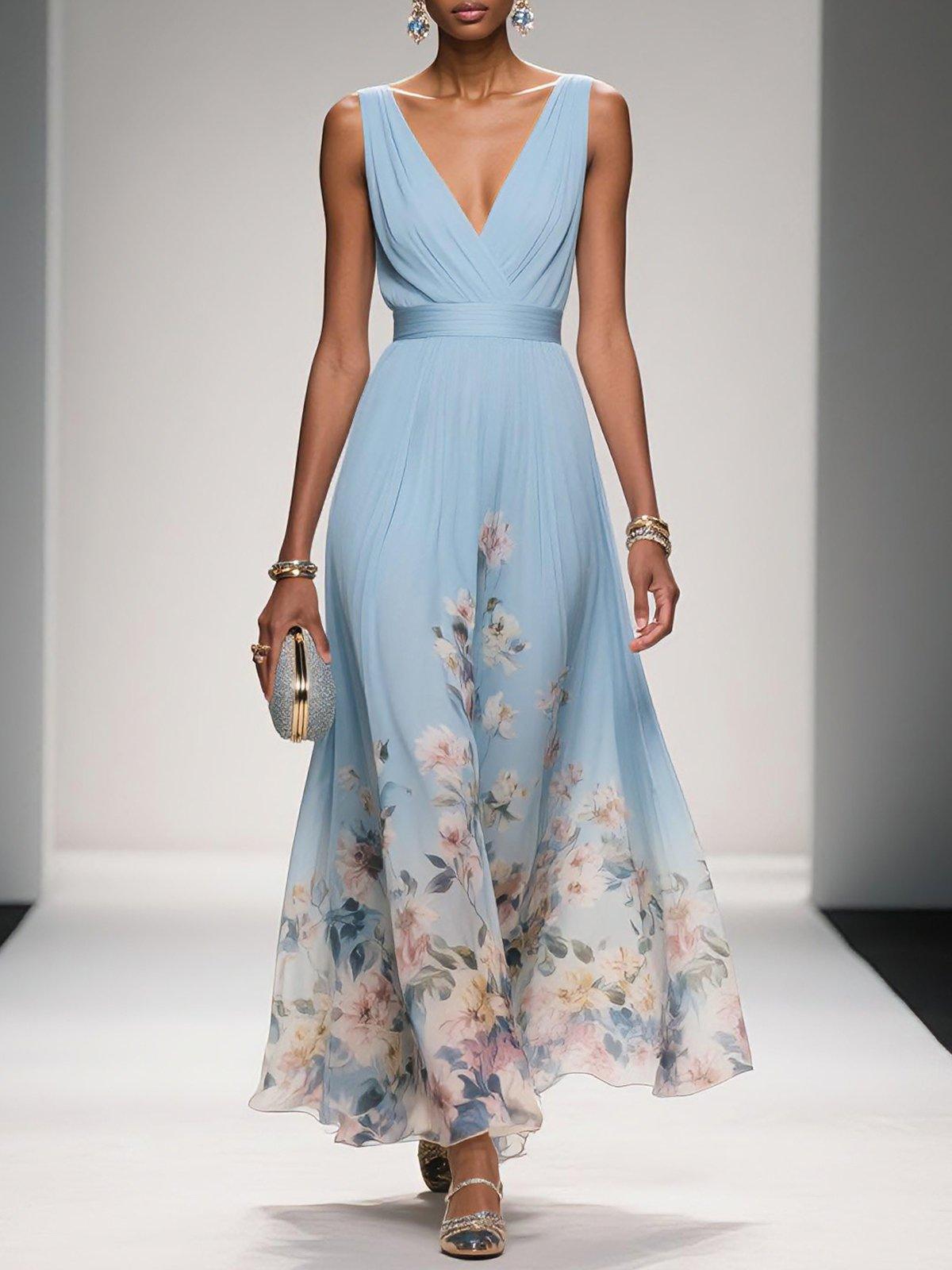 Ceci | Light Blue Floral Chiffon V-Neck Maxi Dress