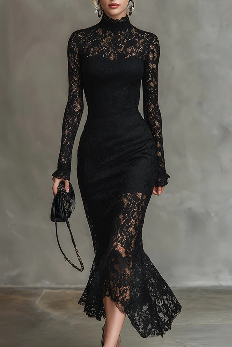 Bernie | Elegant Black Stretchy Lace Fishtail Maxi Dress