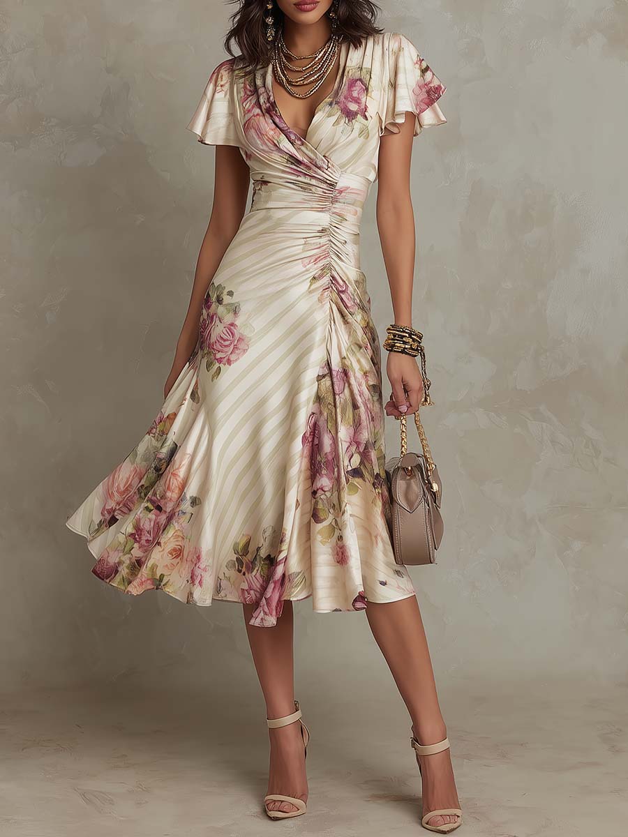 Beatriz | Vintage Floral Satin Midi Dress