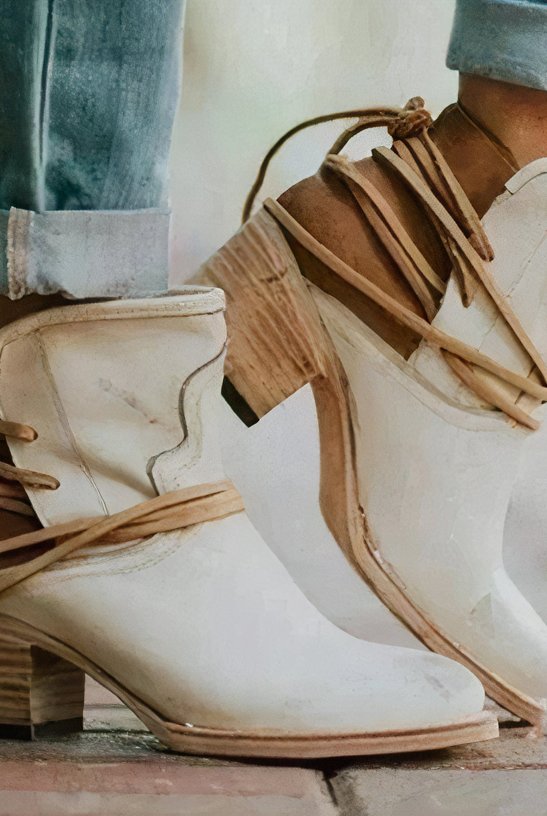 Asha | Ankle Boots – Leather – Western Style – Block Heel – Wrapped Lacing Detail