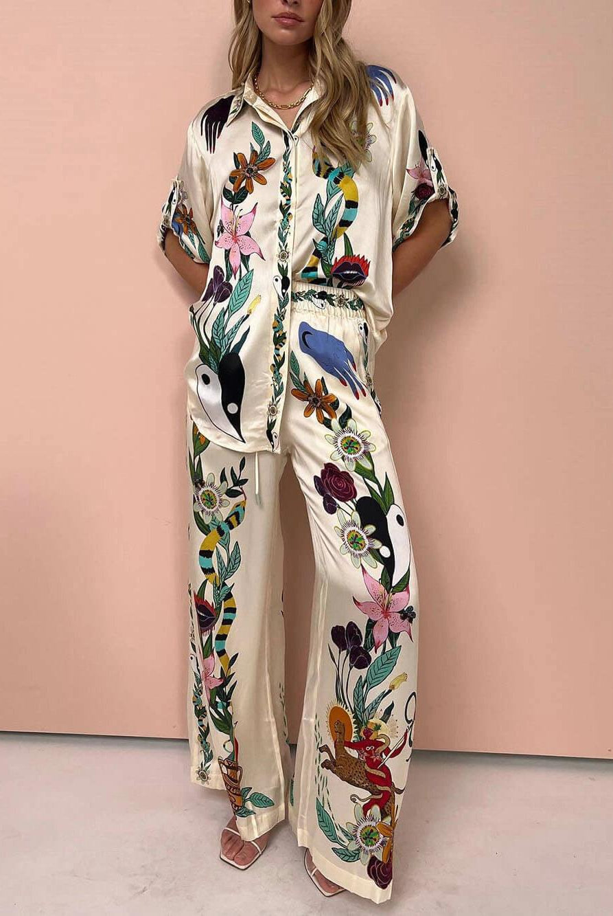 Janette | Resort Vibes Satin Unique Print Shirt & Trousers Set Fit