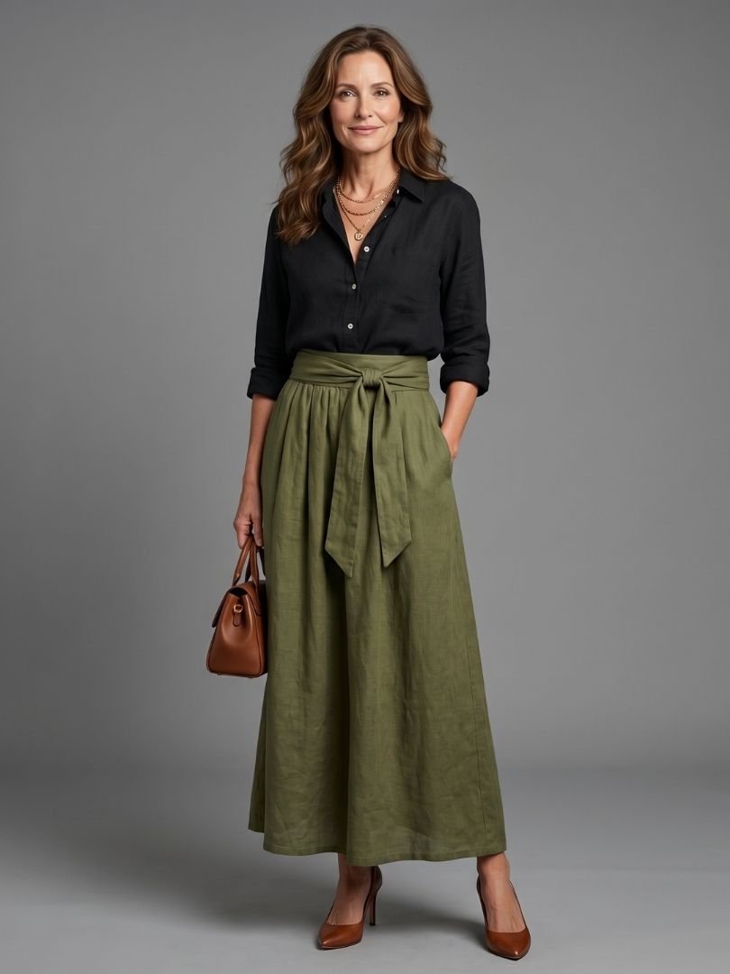Paty | Two Piece Set Black Blouse Olive Green Midi Skirt
