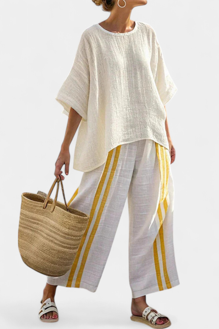 Margarita | Elegant Yellow Striped Linen Top & Wide-Leg Pants