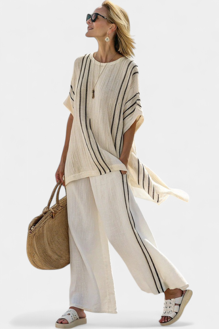 Callie | Elegant Ivory Linen Blouse & Black Striped Pants