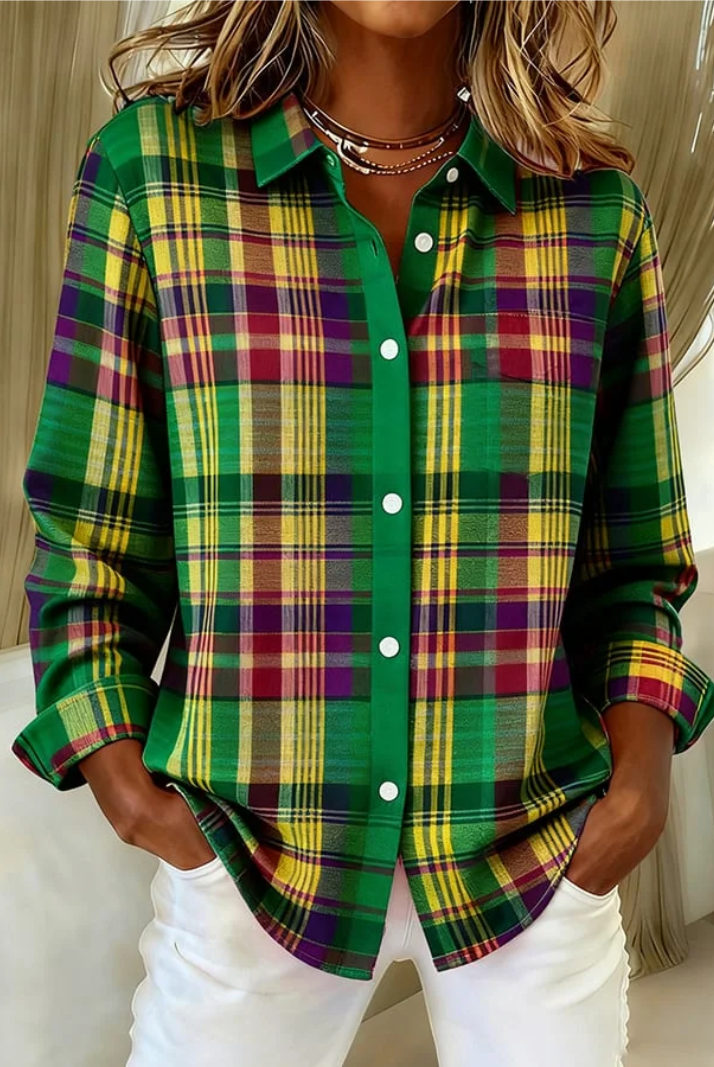 Rachelle | Checked Hoodie Blouse in Vivid Green Tones