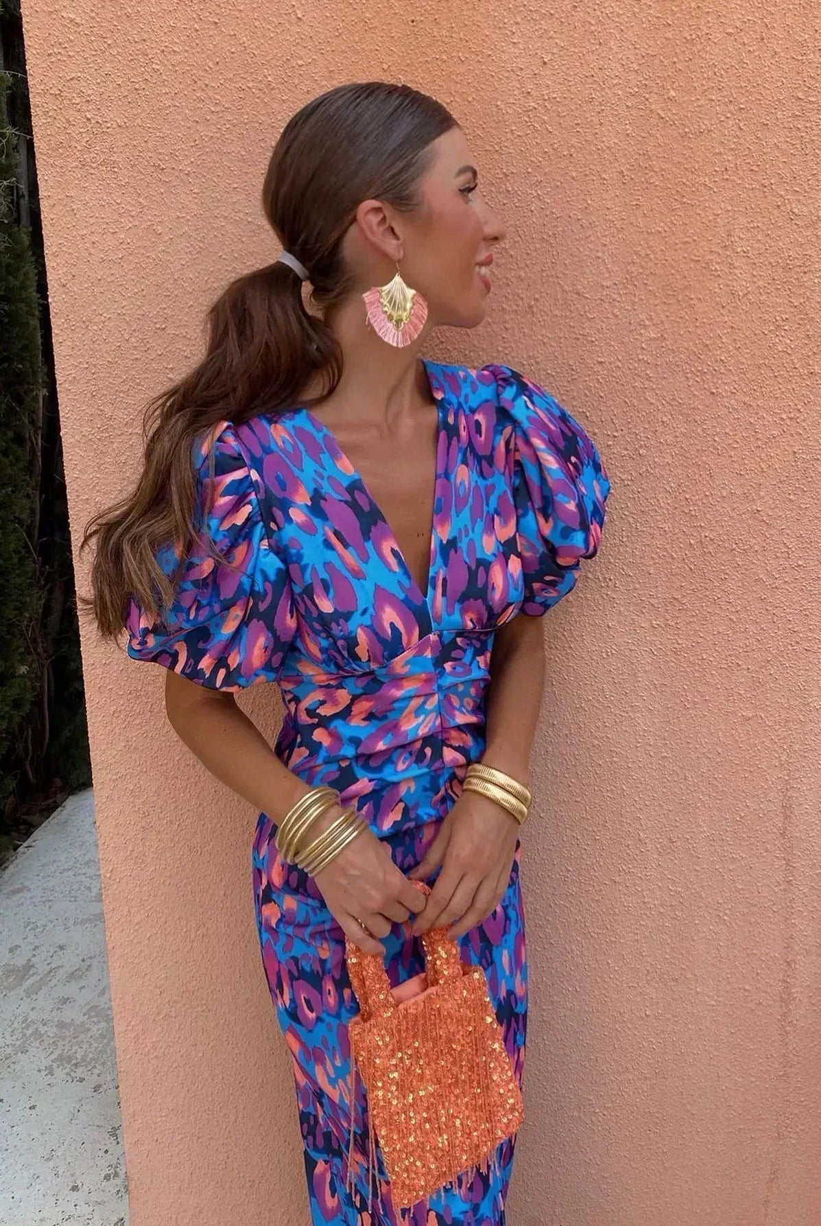 Cris | Vibrant Midi Dress with Puff Sleeves