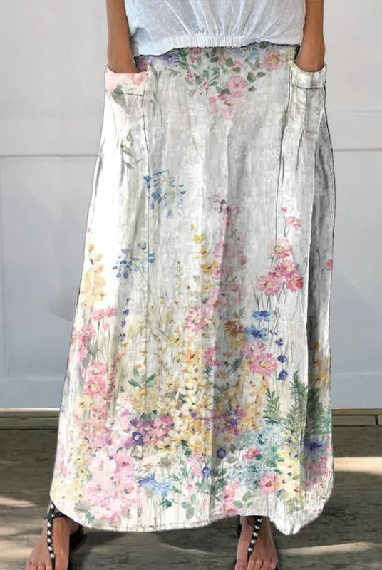 Molly | Vintage Botanical Floral Linen Elastic Waistband Pocket Skirt