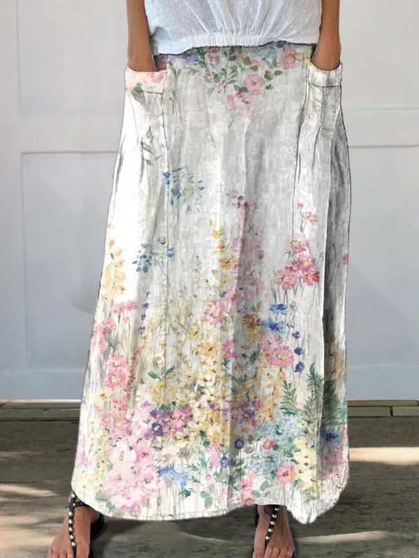 Molly | Vintage Botanical Floral Linen Elastic Waistband Pocket Skirt
