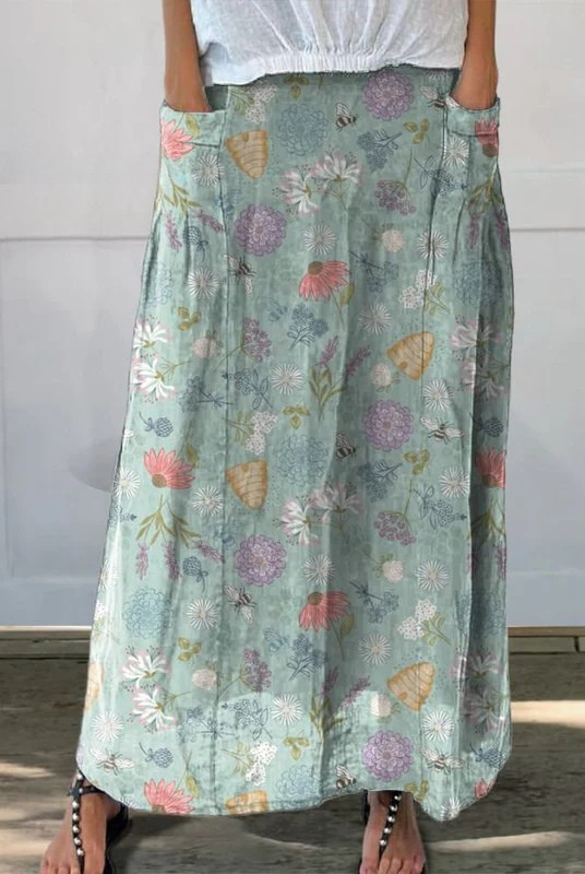 Azucena | Spring Floral and Bumble Bee Pattern Printed Women's Linen Pocket Skirt