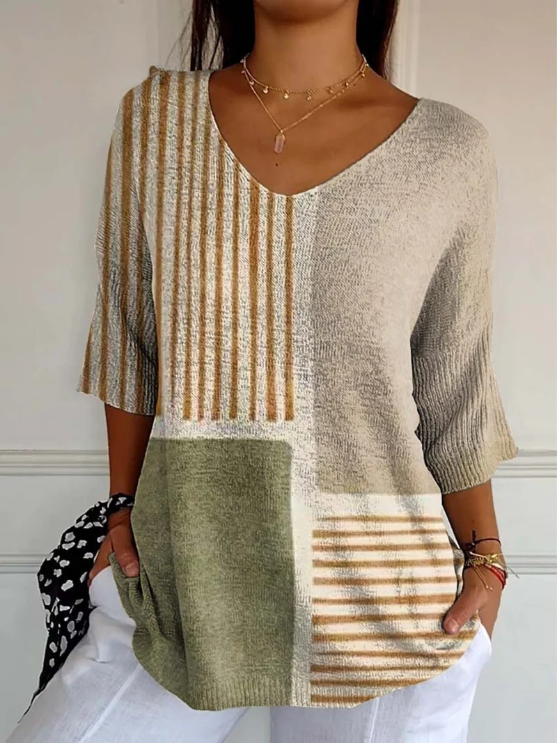 Zoila | Abstract Geometric Pattern Art Print Casual Knit Pullover