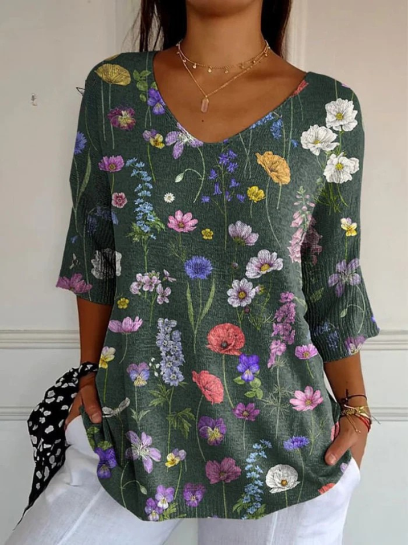 Stephany | Vibrant Spring Botanical Garden Pattern Printed Women's Casual Pullover Knit