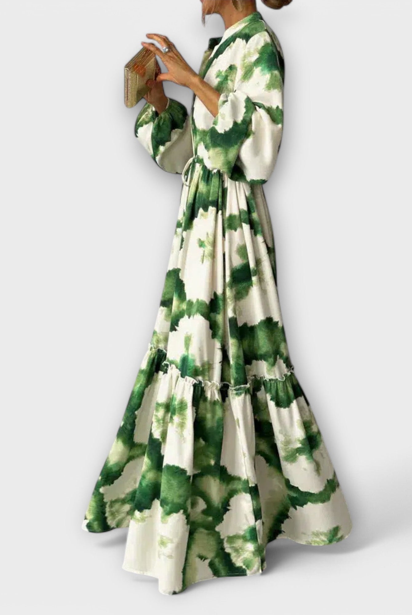 Elvia | Green Maxi Dress with Long Sleeves and V-Neck