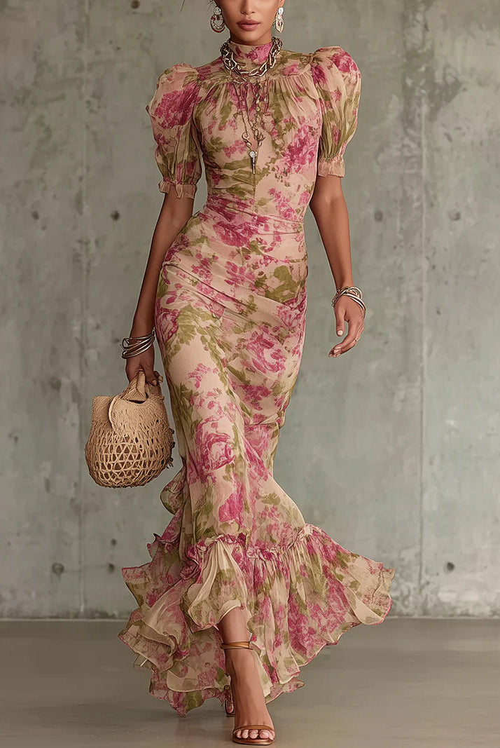 Lorraine | Vintage Rose Print Puff Sleeve Maxi Dress