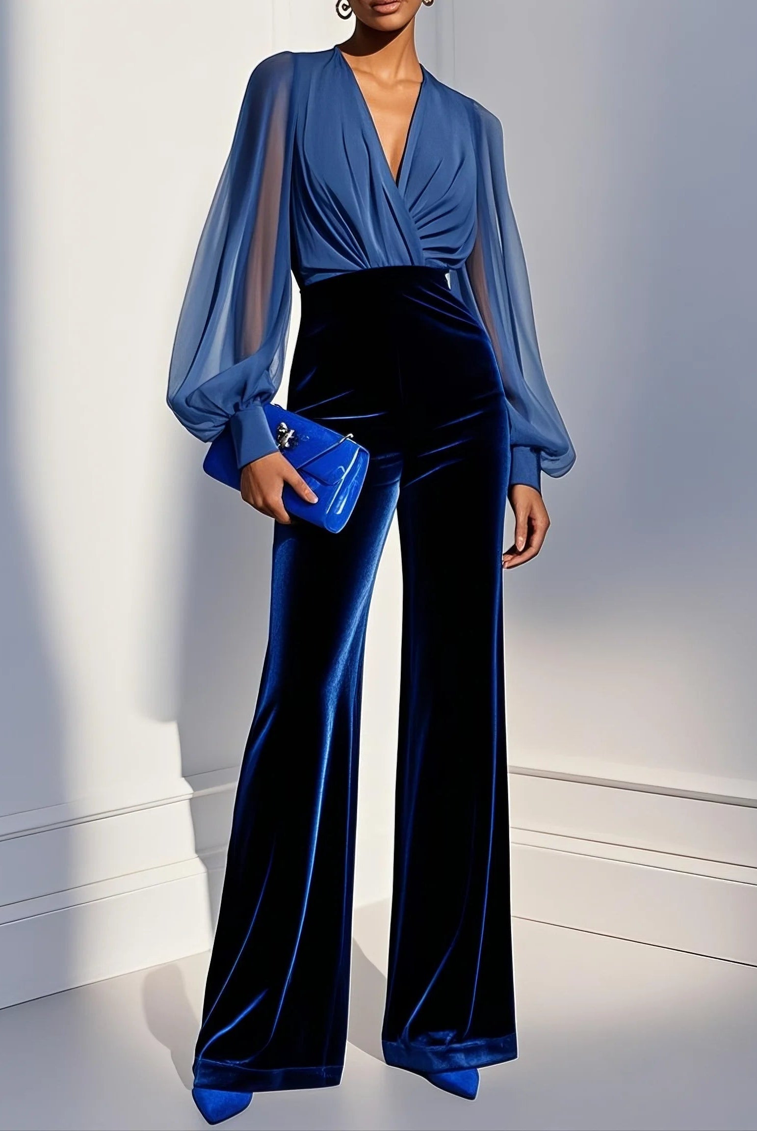 Veronica | Blue Mesh V-Neck Long Sleeve Velvet Jumpsuit