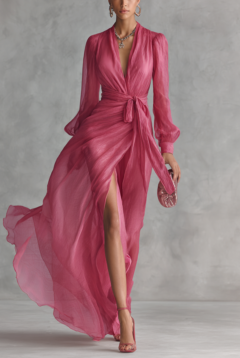 Tessa | Elegant Chiffon V-Neck Tie-Waist Long Dress