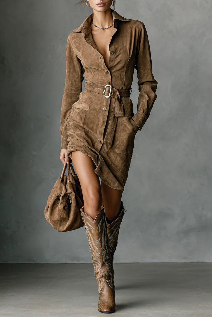 Dina | Suede Belted Shirt Dress