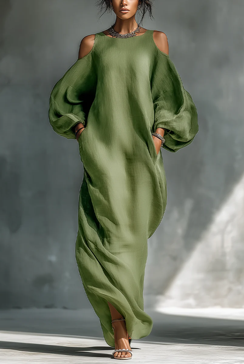 Shelly | Green Off-Shoulder Puff Sleeve Maxi Dress