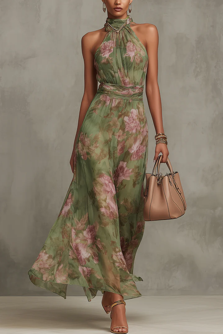 Abby | Green Floral Chiffon Halter Maxi Dress