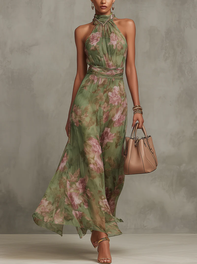 Abby | Green Floral Chiffon Halter Maxi Dress