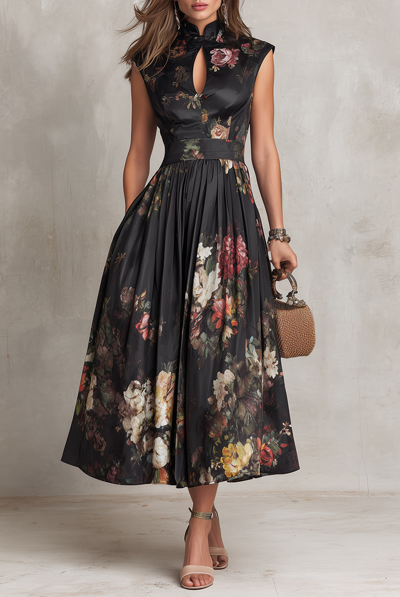 Nicki | Black Floral Satin Pleated Midi Dress