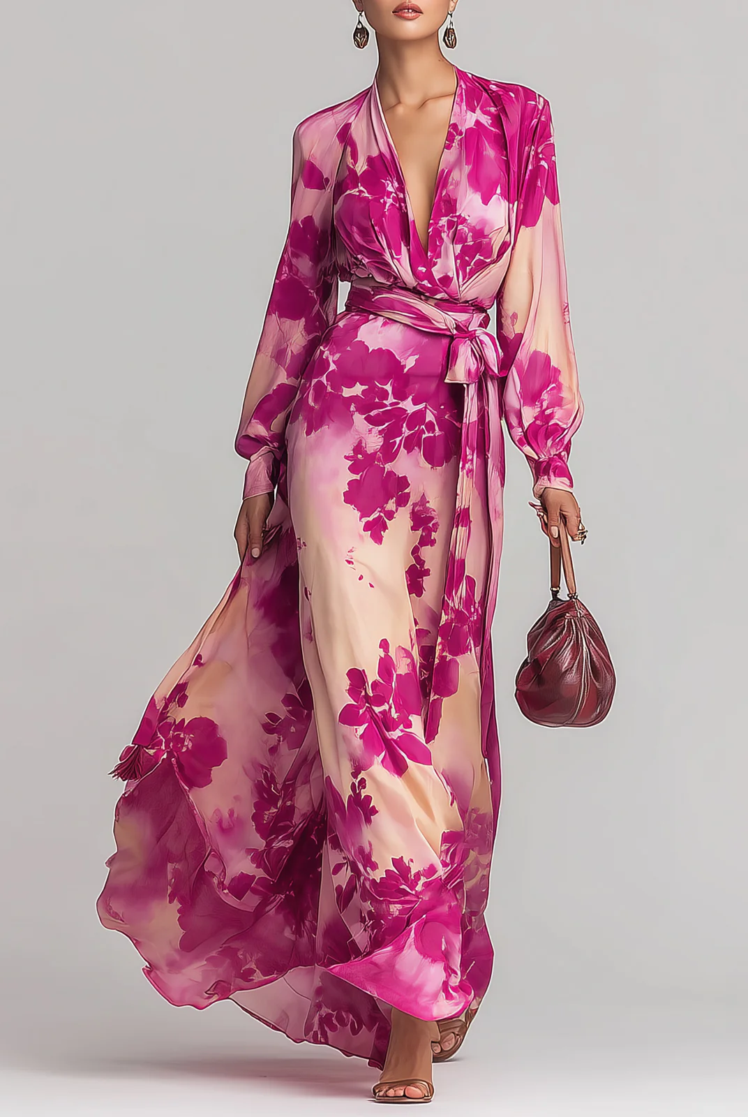 Adrianna | Rose Floral V-Neck Belted Maxi Dress