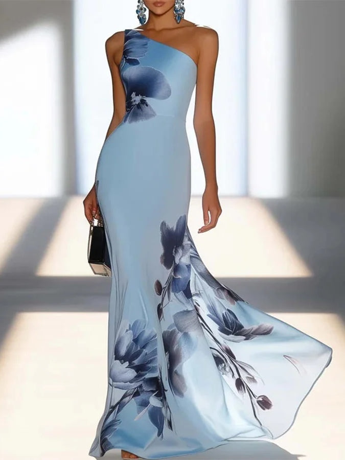 Tania | Satin Ink Print Off-Shoulder Maxi Dress