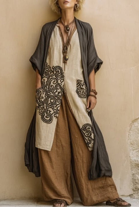 Phyllis | Dark Gray & Brown Tribal Print Three-Piece Set