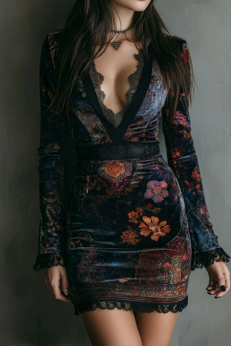 Evelin | Floral Print V-Neck Velvet Lace Trim Slim-Fit Mini Dress