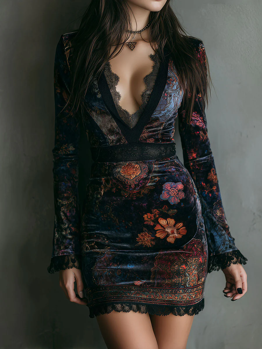Evelin | Floral Print V-Neck Velvet Lace Trim Slim-Fit Mini Dress