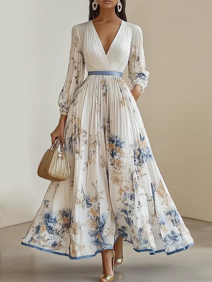 Estela | White Floral Chiffon Balloon Sleeve Maxi Dress