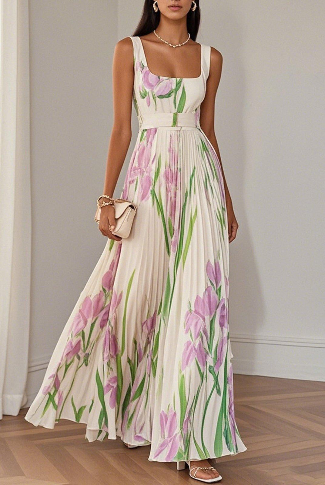 Iris | White Pleated Floral Chiffon Maxi Dress