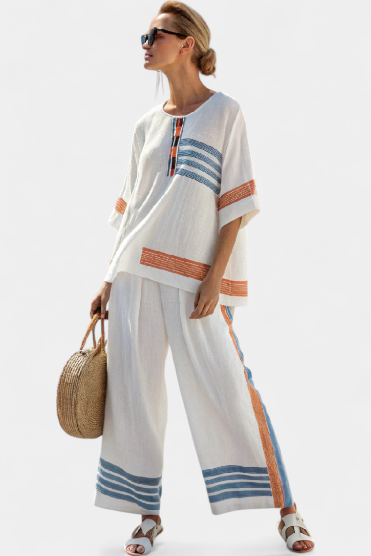 Gayle | Sophisticated Blue-Orange Striped Top & Pants