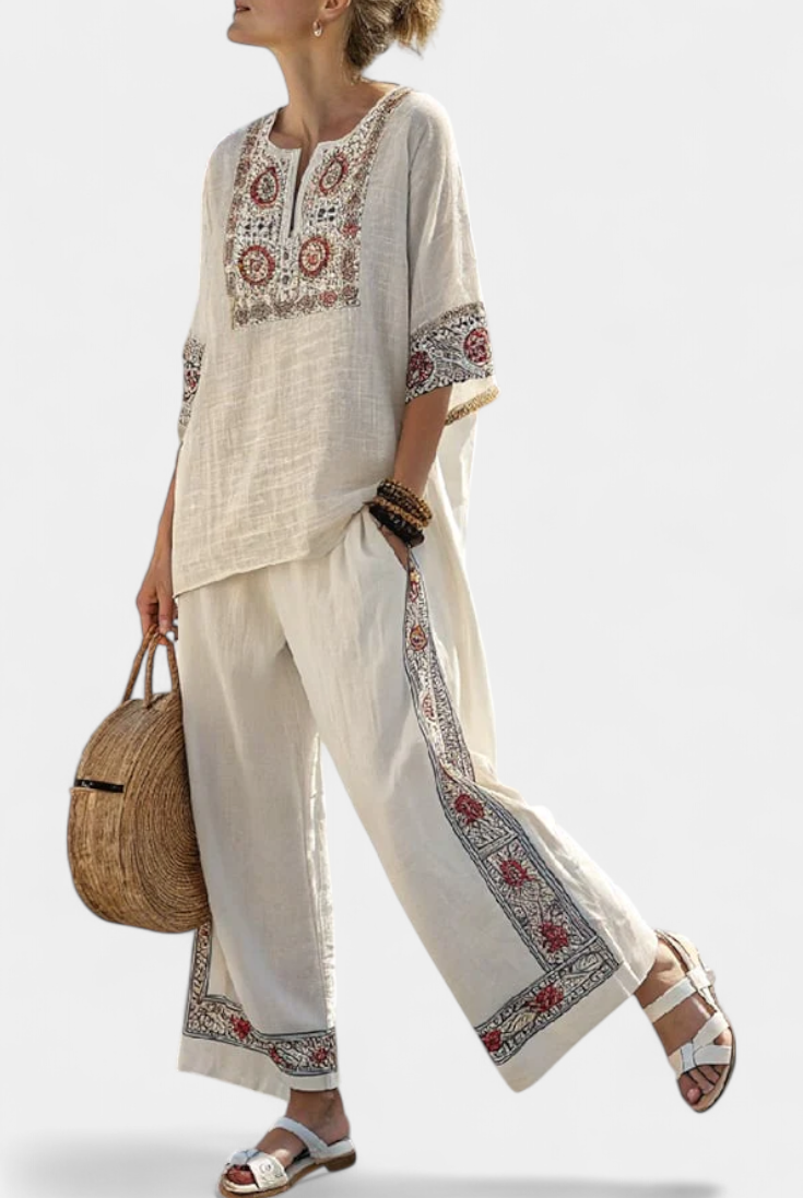 Betty | Sophisticated Embroidered Raw Blouse & Wide Pants