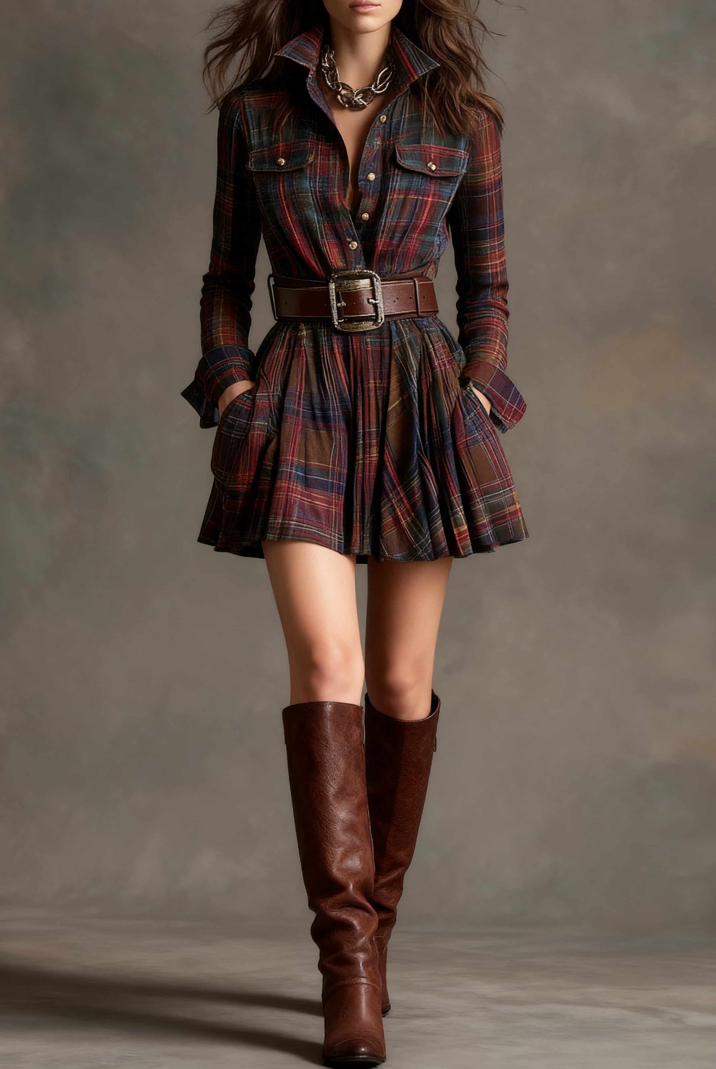 Noelia | Vintage Red and Brown Checked Mini Dress (includes Belt)