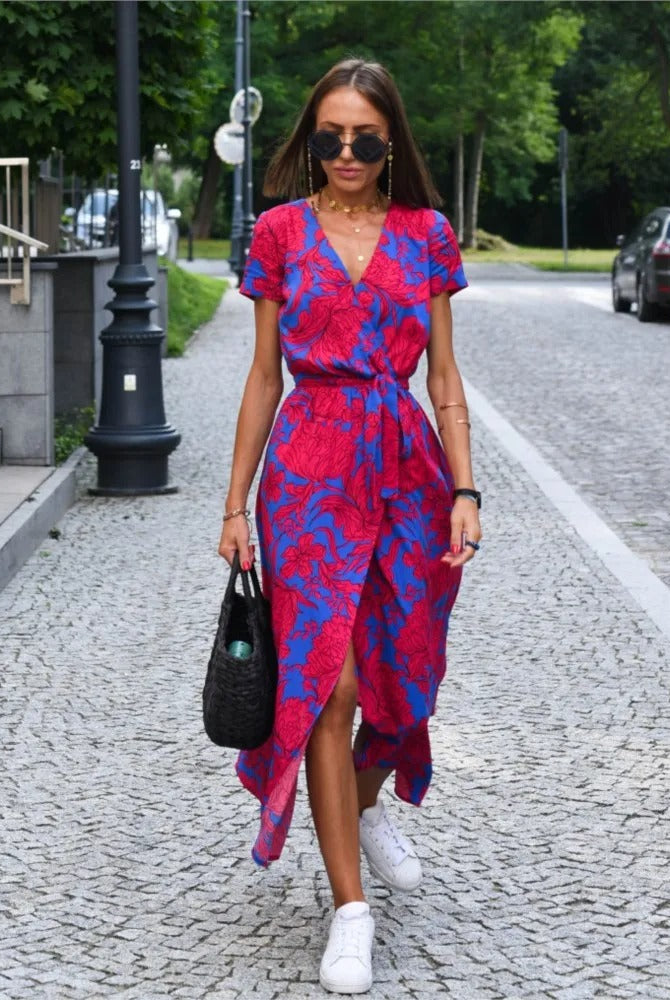 Nayeli | Sunset Stroll V-Neck Slit Print Dress