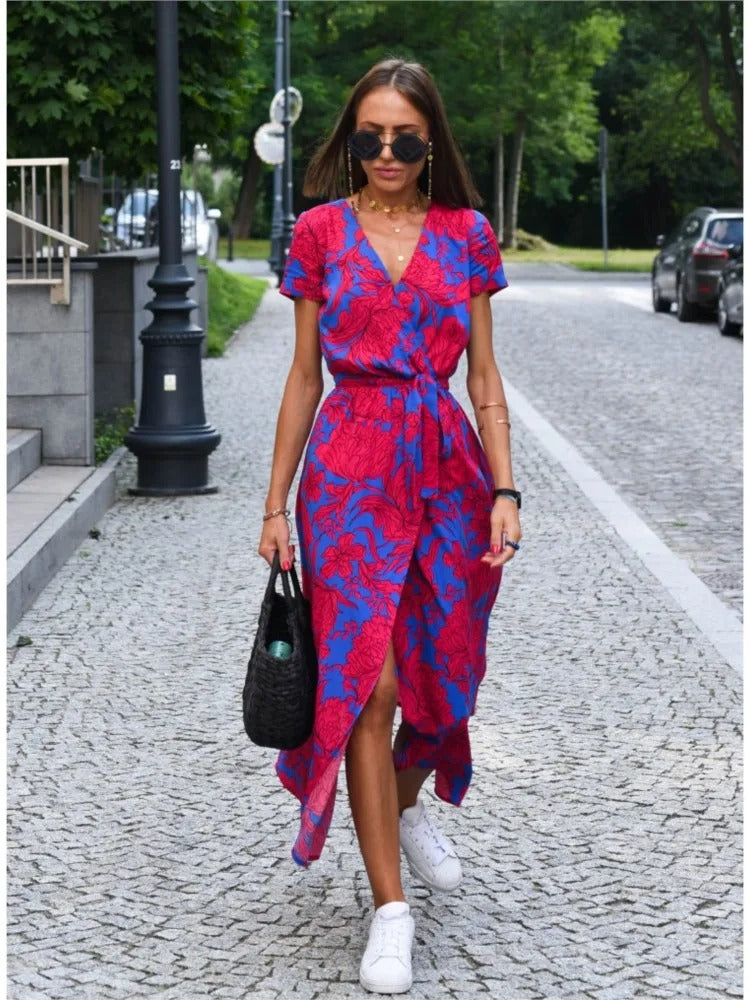 Nayeli | Sunset Stroll V-Neck Slit Print Dress