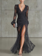 Theresa | Dark Grey Lace Ruched Maxi Dress